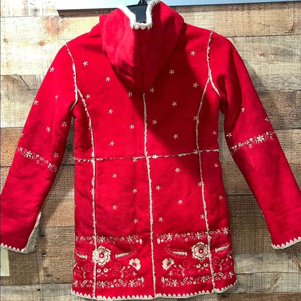 GAP red faux suede coat w Nordic embroidered shearling lining girl's size S